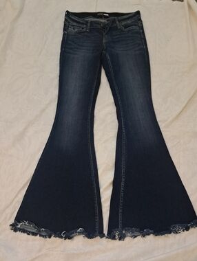 Fashion Nova Dark Indigo Frayed Hem Wide Leg Jeans